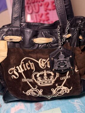 Juicy Couture Brown Suede and Black Leather Tote with Cream Embroidery